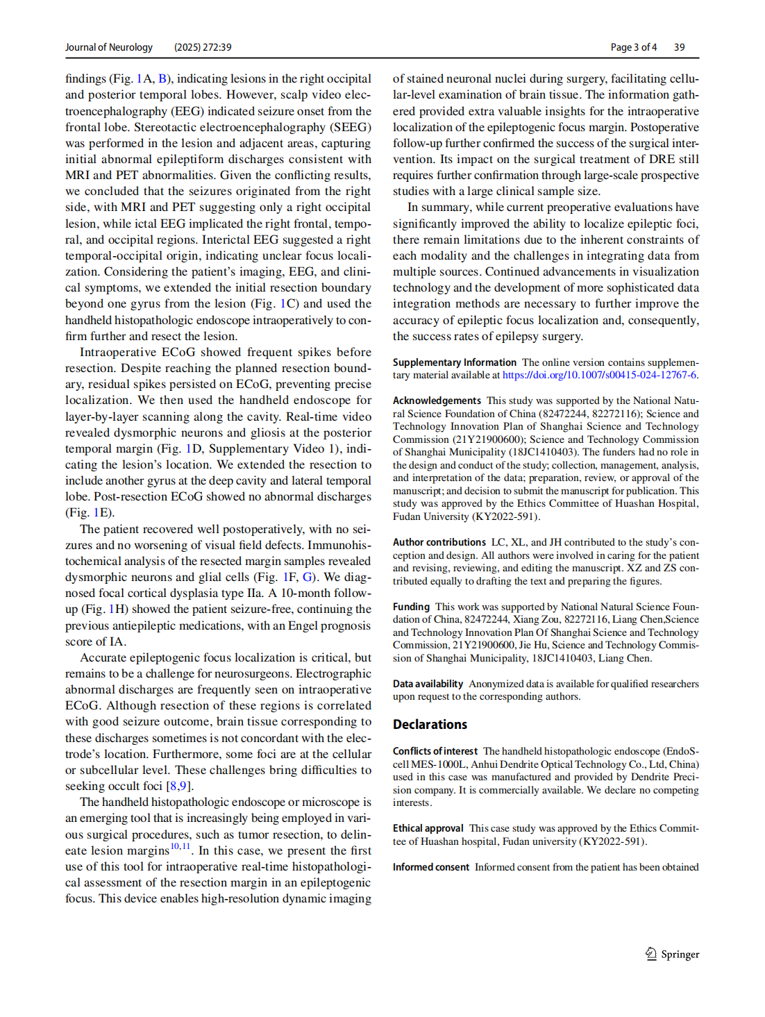 Intraoperative identifcation of epileptogenic foci using handheld  histopathologic endoscopy: a case report(圖3)