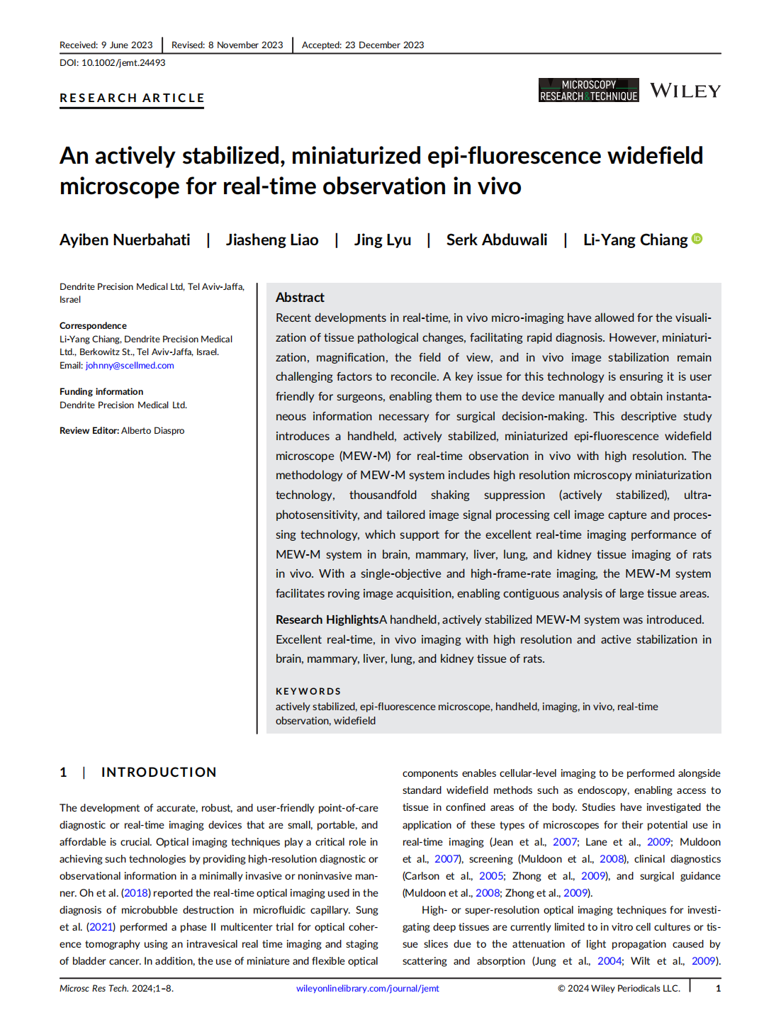 An actively stabilized, miniaturized epi-fluorescence widefield microscope for real-time observation in vivo(圖1)